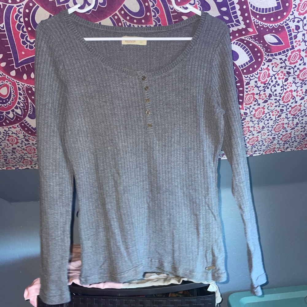 Hollister Grayish Blueish Ribbed Long Sleeve Top Buttons Soft Medium